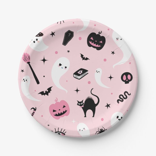 Pink Halloween Party Paper Plates (Front)