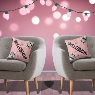 Pink Halloween Pillow and Spooky Cute Floral Skull