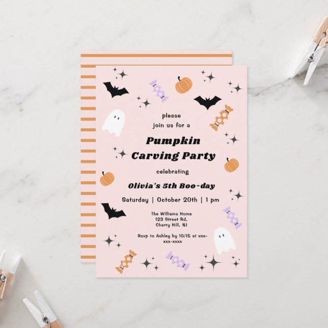 Pink Halloween Pumpkin Carving Party Birthday Invitation (Front/Back In Situ)