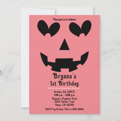 Pink Halloween Pumpkin Heart Eyes Birthday Party Invitation