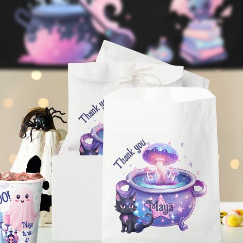 Pink halloween purple cat magical cauldron favor bag