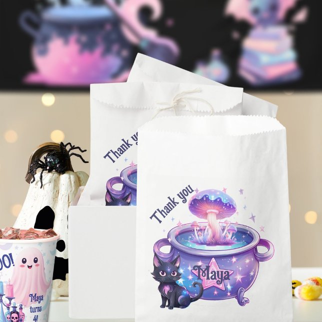 Pink halloween purple cat magical cauldron favor bag (Magical halloween cauldron with bewitched cat favor bags)