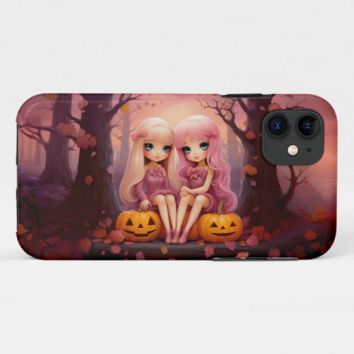 Pink Halloween sister twin girls in the park iPhone 11 Case