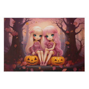 Pink Halloween sister twin girls in the park Faux Canvas Print