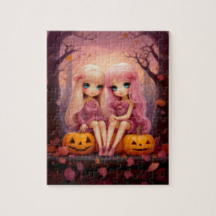 Pink Halloween sister twin girls in the park Jigsaw Puzzle