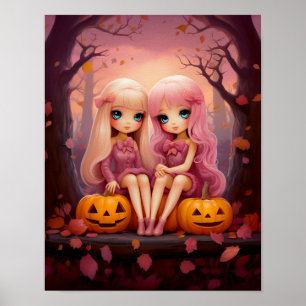 Pink Halloween sister twin girls in the park Poster