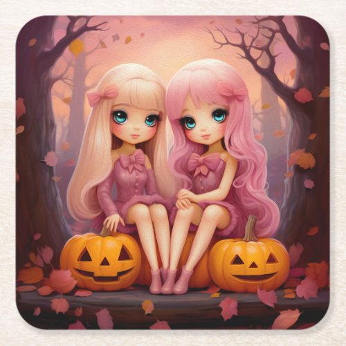 Pink Halloween sister twin girls in the park Square Paper Coaster