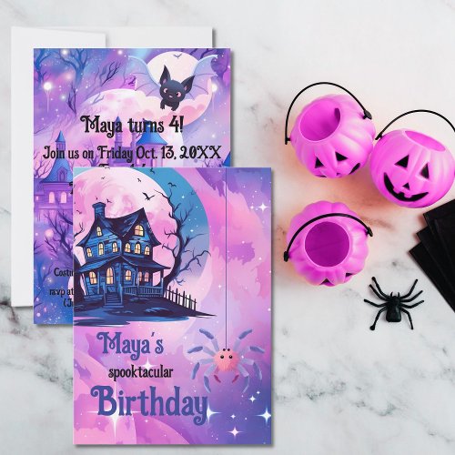 Pink Halloween Spider spooky mansion 4th birthday  Invitation