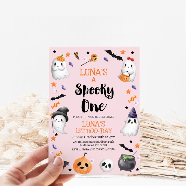 Pink Halloween Spooky One 1st Birthday Invitation (Girls Halloween Spooky One 1st Birthday Invitation, Editable Pastel Pink Halloween First Birthday )