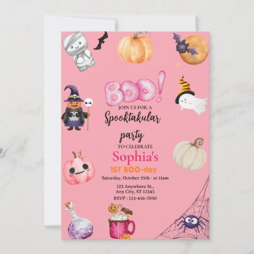 Pink Halloween Spooky One 1st Birthday Party Invitation