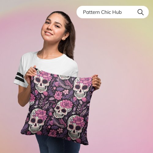 Pink Halloween Sugar Skull Mexican Fiesta Modern Throw Pillow