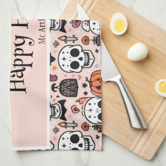 Pink Halloween Trick or Treat Custom Family Name Kitchen Towel