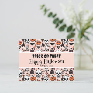 Pink Halloween Trick or Treat Custom Family Name Postcard