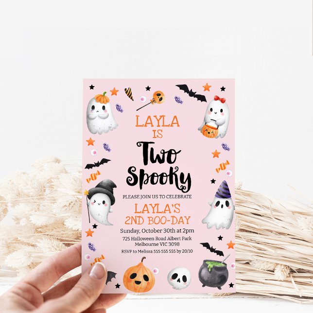 Pink Halloween Two Spooky 2nd Birthday Invitation (Girls Two Spooky 2nd Birthday Invitation, Halloween 2nd Birthday Invitation, Pink Halloween Themed)