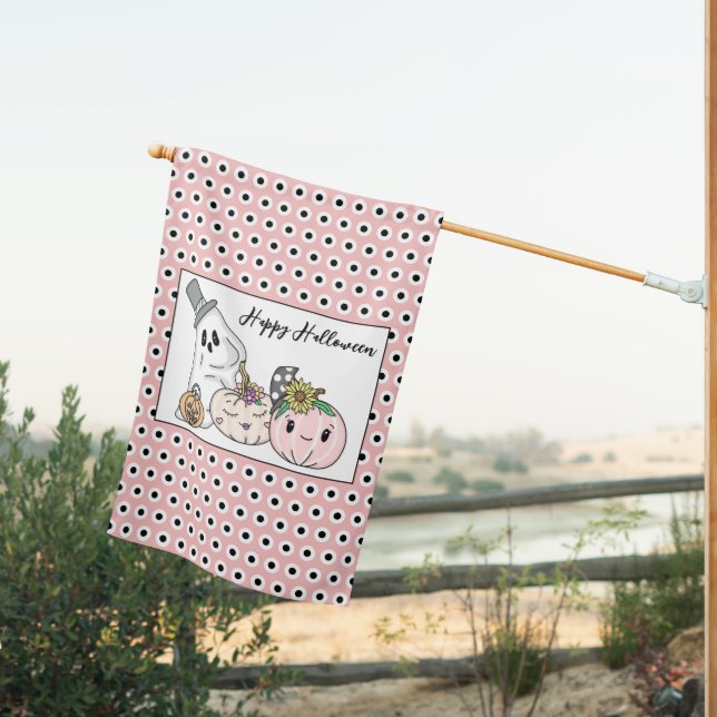 Pink Halloween Whimsical Pumpkins and Boo Garden  House Flag (Insitu (Back))