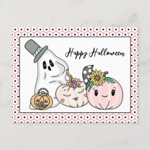 Pink Halloween Whimsical Pumpkins and Boo Postcard