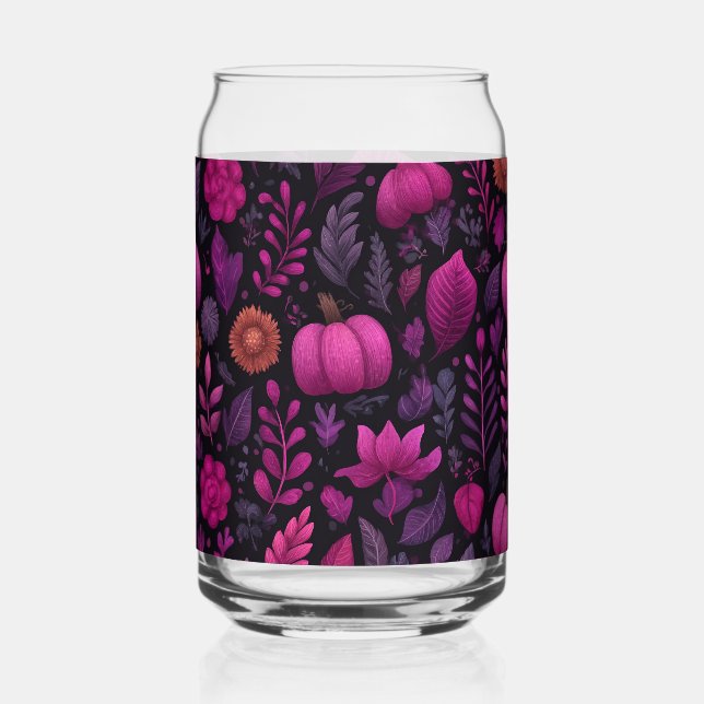 Pink Halloween with pumpkins and leaves Can Glass (Front)