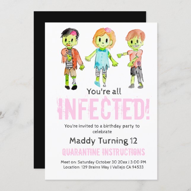 Pink Halloween zombie birthday party invite (Front/Back)