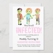Pink Halloween zombie birthday party invite (Front)