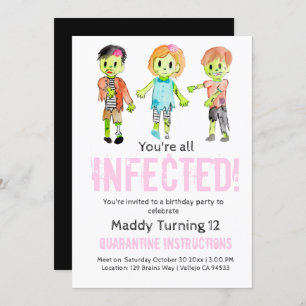 Pink Halloween zombie birthday party invite