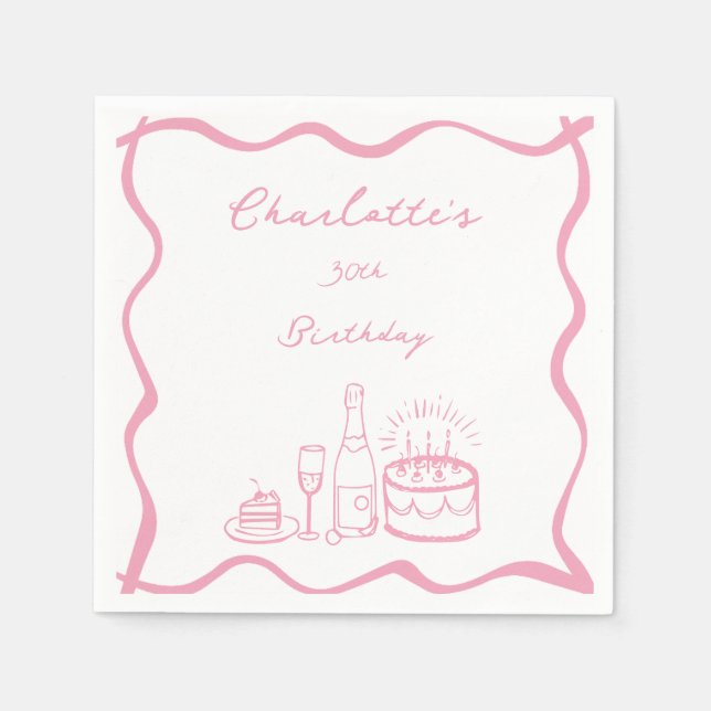 Pink Hand Drawn 30th Birthday  Napkins (Front)