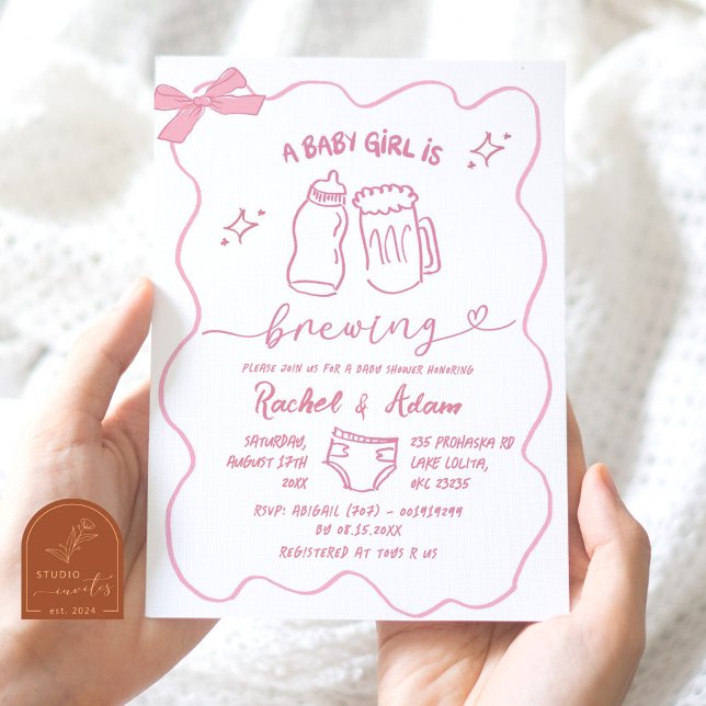Pink Hand Drawn Baby is Brewing Baby Shower Invitation (Creator Uploaded)
