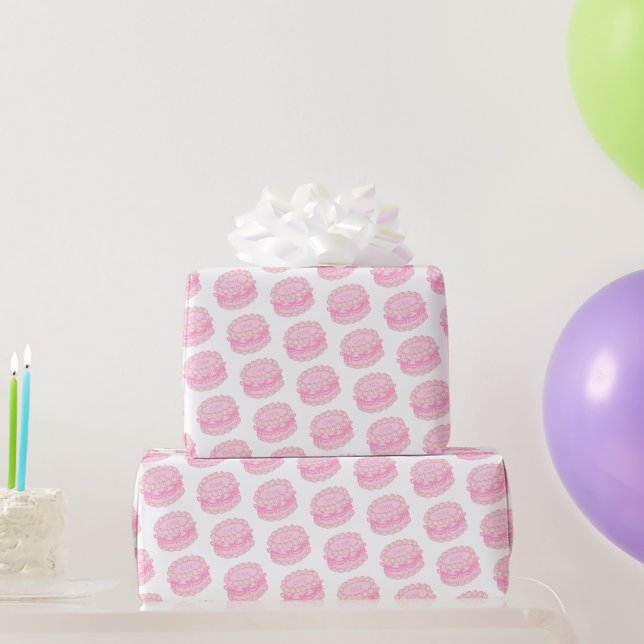 Pink Hand Drawn Birthday Cake Editable Year Wrapping Paper (Party Gifts)