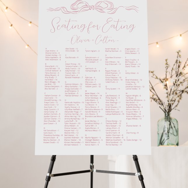 Pink Hand Drawn Bow Alphabetical Seating Chart Foam Board (In Situ (Stand))