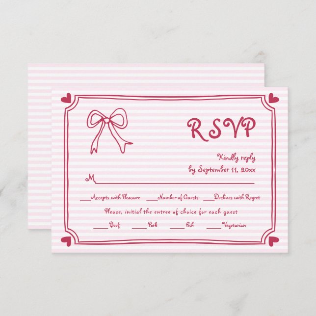Pink hand drawn bow and border whimsical wedding RSVP card (Front/Back)