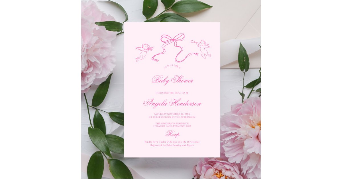 Pink Hand drawn Bow Baby Shower Invitation | Zazzle