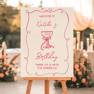 Pink Hand Drawn Bow Champagne Birthday Welcome Foam Board
