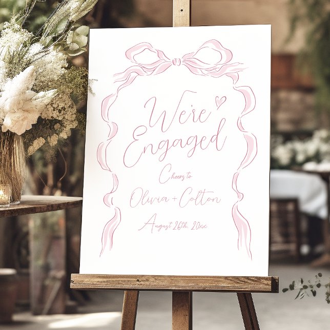 Pink Hand Drawn Bow Engagement Party Sign (Pink Hand Drawn Bow Engagement Party Sign)