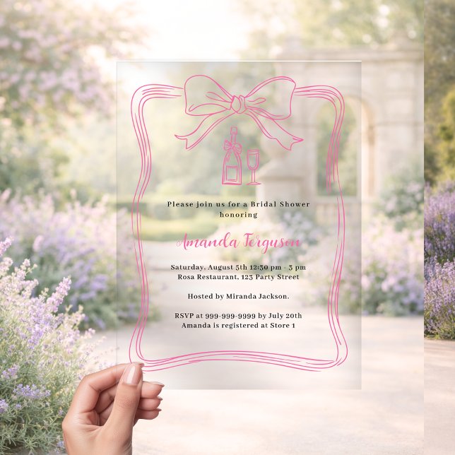 Pink hand drawn bow prosecco clear Bridal Shower Acrylic Invitations (Creator Uploaded)