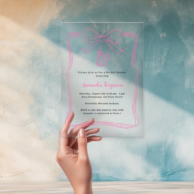 Pink hand drawn bow prosecco clear Bridal Shower Acrylic Invitations (Creator Uploaded)