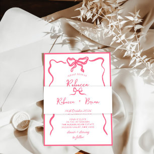 Pink Hand Drawn Bow Ribbon Sketch Wedding Invitation Belly Band