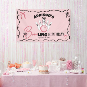 Pink Hand Drawn BOWling Bows Girl Birthday Party Banner