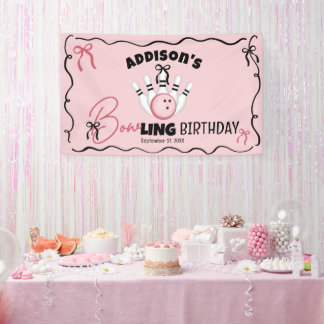 Pink Hand Drawn BOWling Bows Girl Birthday Party Banner