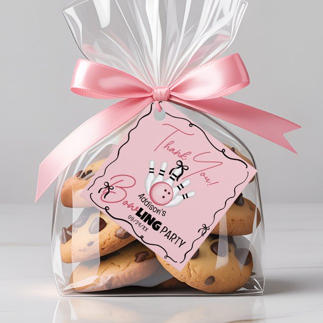 Pink Hand Drawn BOWling Bows Girl Birthday Party Favor Tags (Cute funny BOWling theme pink and black coquette bows custom girl birthday party square favor tags)