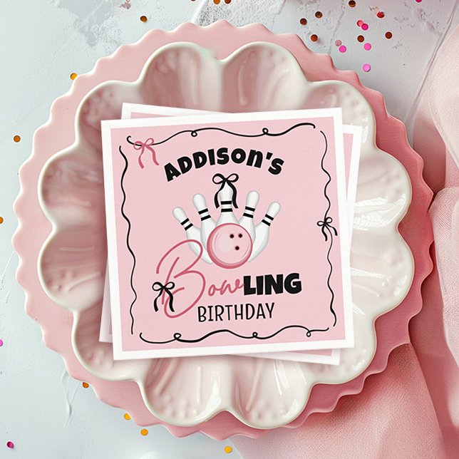 Pink Hand Drawn BOWling Bows Girl Birthday Party Napkins (Cute funny BOWling theme girly pink and black bows custom name girl birthday party paper napkins)