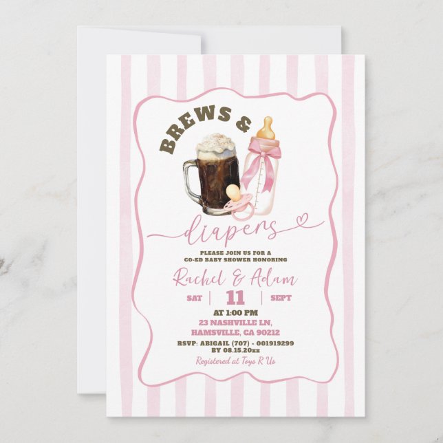 Pink Hand Drawn Brews & Diapers Girl Baby Shower Invitation (Front)