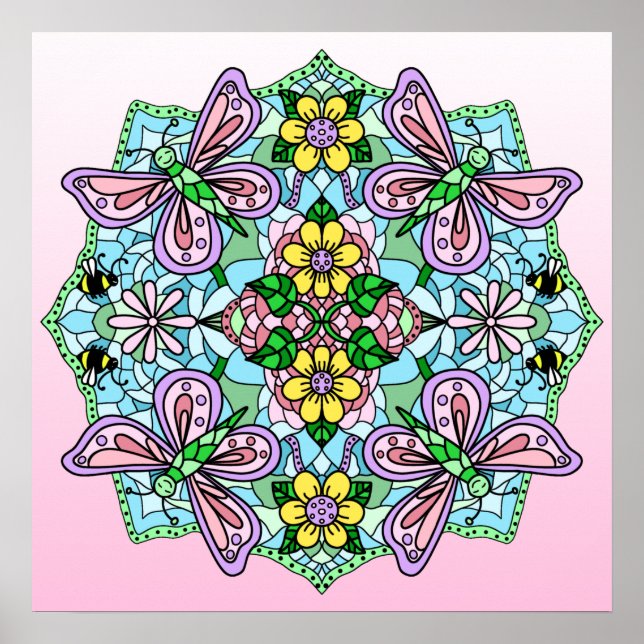 Pink Hand Drawn Butterfly, Flowers Mandala Poster (Front)