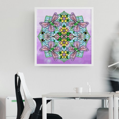 Pink Hand Drawn Butterfly Flowers Mandala  Poster