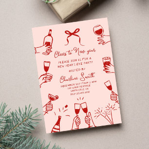 Pink Hand Drawn “Cheers to New Year” Holiday Party Invitation