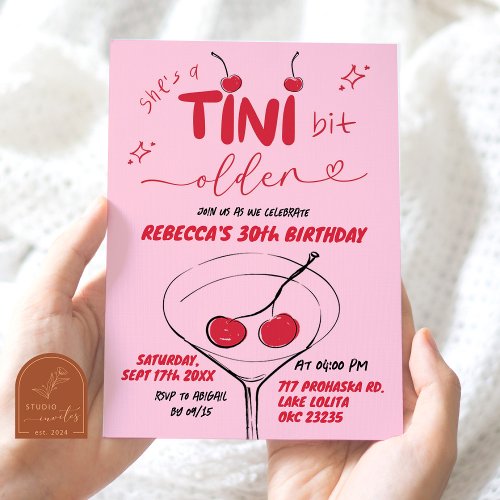 Pink Hand Drawn Cherry Martini Birthday Invitation