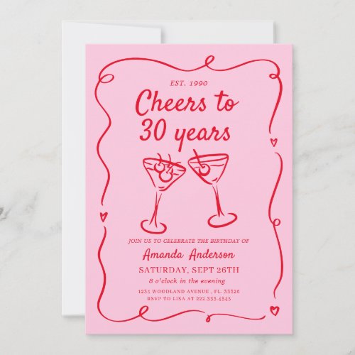 Pink Hand Drawn Cocktail 30th40th50th Birthday  Invitation