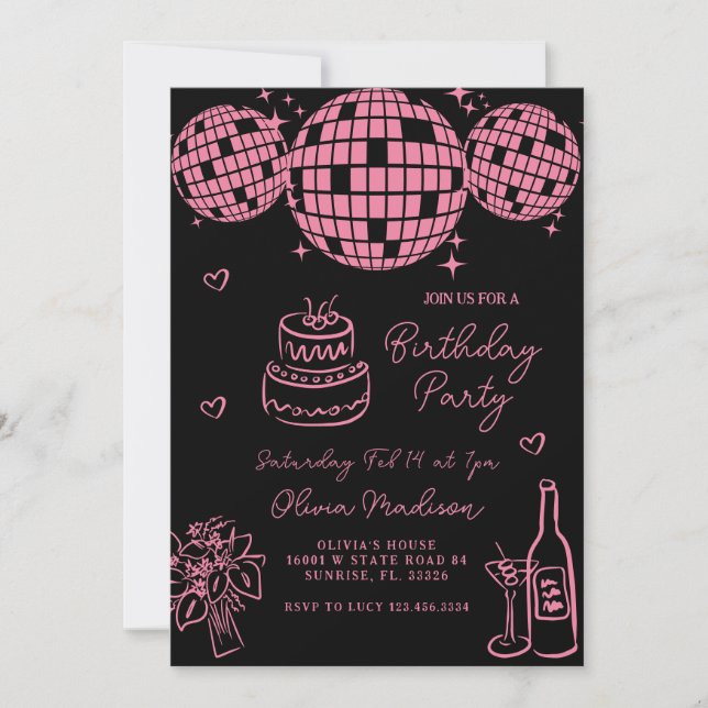 Pink Hand Drawn Disco Ball Champagne Birthday  Invitation (Front)
