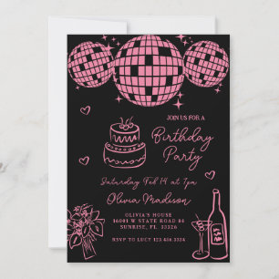 Pink Hand Drawn Disco Ball Champagne Birthday Invitation