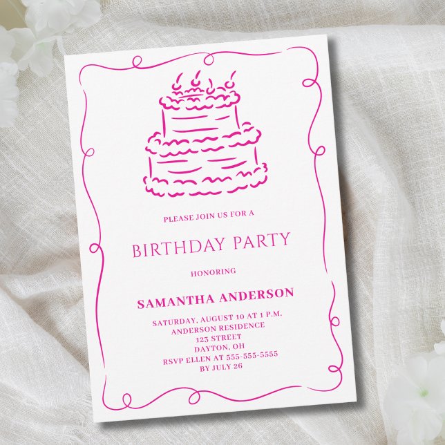 Pink Hand Drawn Doodle Cake Birthday Party  Invitation (Creator Uploaded)