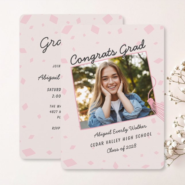 Pink Hand Drawn Doodle Grad Tassel Invitation (pink-hand-drawn-graduation-invite-with-photo)