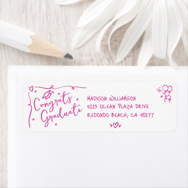 Pink Hand Drawn Doodle Graduation White Address Label (Insitu)